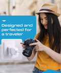 Person using camera next to Ultra Compact 2 In 1 USA To Africa Travel Adapter Set Includes Type M South Africa Type E And F Type G