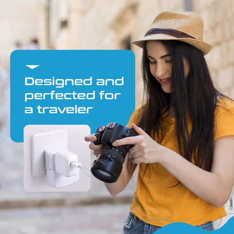 Person using camera next to Ultra Compact 2 In 1 USA To Africa Travel Adapter Set Includes Type M South Africa Type E And F Type G