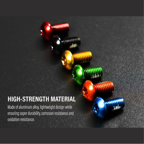 Colorful aluminum bolts showcasing durability and corrosion resistance, arranged in a row on a black surface.