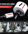 Heavy Duty Top Tier Bi Metal Hole Saw Kit Featuring 30 Piece Tool Set With 10 Inch Extension For No Sweat Wood Metal Pvc Aluminum Drilling Includes Dual Arbors Pilot Bits And Tool Shed Essentials close up of drill bit with variable tooth design.