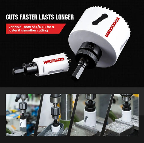 Heavy Duty Top Tier Bi Metal Hole Saw Kit Featuring 30 Piece Tool Set With 10 Inch Extension For No Sweat Wood Metal Pvc Aluminum Drilling Includes Dual Arbors Pilot Bits And Tool Shed Essentials close up of drill bit with variable tooth design.