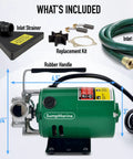 Image of a Compact 115 Volt Water Transfer Pump Moves 330 Gallons Per Hour Portable Electric Pump with included 6-foot hose kit, inlet strainer, and replacement kit.
