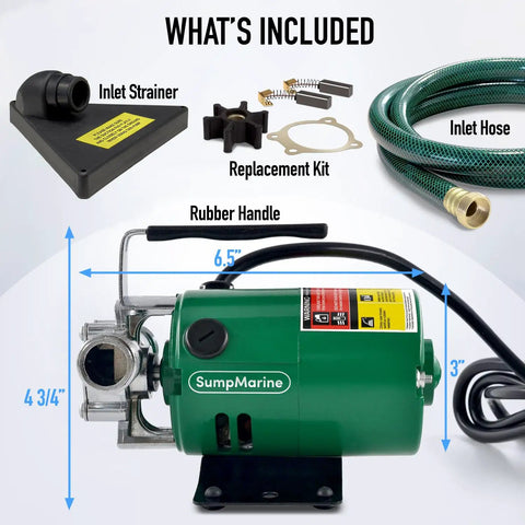 Image of a Compact 115 Volt Water Transfer Pump Moves 330 Gallons Per Hour Portable Electric Pump with included 6-foot hose kit, inlet strainer, and replacement kit.