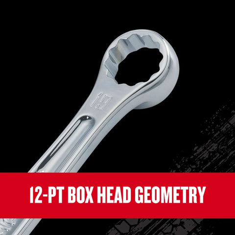 Close-up of V Series Metric 12 Piece Wrench Set with 12 point box end design for quick engagement on black background.