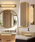 LuminaBrass Alabaster Wall Sconce, Solid Brass Home Indoor Wall Lighting, horizontal and vertical placements in modern bathroom.