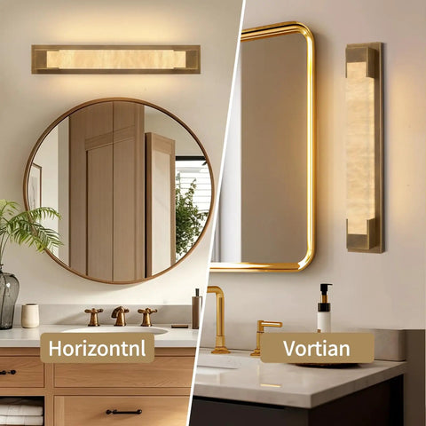LuminaBrass Alabaster Wall Sconce, Solid Brass Home Indoor Wall Lighting, horizontal and vertical placements in modern bathroom.