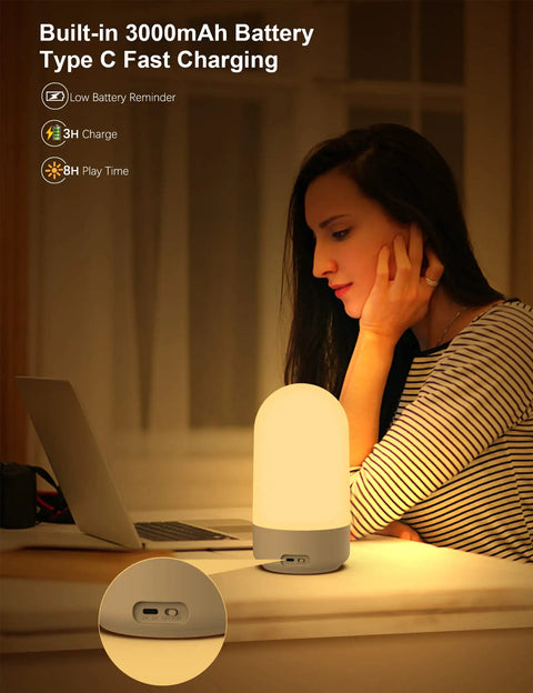 Smart LED Night Light With Alexa And Google Voice Control Dimmable Bedside Table Lamp on desk with woman and laptop