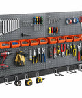 Four 12x24 Inch Metal Pegboard Panels Kit With 64 Accessories, Wall Mount Pegboard System, organized tools, hooks, bins