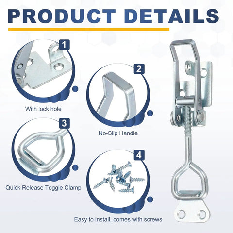 Four Pack Heavy Duty Toggle Latch Clamps Carbon Steel Quick Release Hasps With Lock Holes For Smoker Cabinets, Lids, Jigs, Trunks, Tool Boxes And More, Adjustable Mounting, Durable Construction close-up with screws