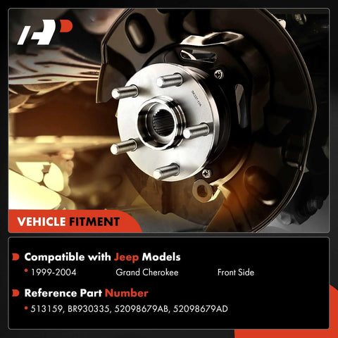 Front Wheel Bearing And Hub Assembly For Jeep Grand Cherokee 1999 2004 Five Lug Compatible With Ball Bearing, installed view.
