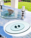 20 Inch Lazy Susan Turntable with tempered glass, transparent rotating serving tray on blue table for dining table and kitchen