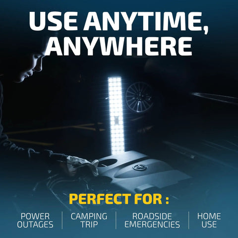 Portable LED Light Bar For Home And Outdoors 720 Lumens Rechargeable Emergency Light During Power Outages Grab And Go Camping And Travel Perfect For Blackouts Garage Work And DIY Emergencies illuminating while in use outdoors.