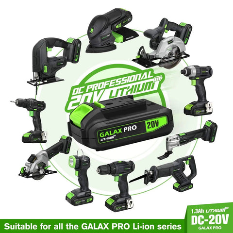 20V Cordless Impact Driver With One Quarter Inch Hex Chuck LED Work Light Includes Six Bit Set Variable Speed Trigger From Zero To Two Thousand Eight Hundred RPM One Point Three Amp Hour Battery And Charger Included, displayed with other power tools and battery pack