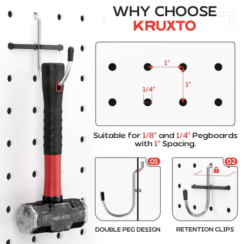 300 Piece Pegboard Hooks Kit With Bins For 1/8 And 1/4 Inch Pegboards All In One Tool Organizer showing hook design with hammer.