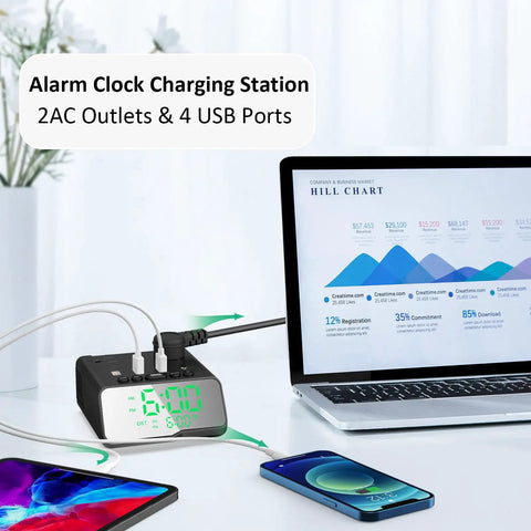 Alarm Clock Charging Station With USB Ports And 2 Outlets 6 Foot Power Cord USB C Port Bedside Nightstand Dock