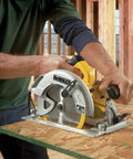 Lightweight 7-1/4 Inch Corded Circular Saw Featuring A Badass 15 Amp Motor With Snappy Electric Brake cutting through plywood.