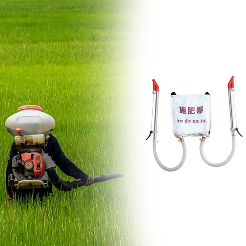 Backpack Granular Fertilizer Spreader With Woven Bag For Vegetables And Corn, No Fuss, Multipurpose Labor Saving Garden Tool With Two Metal Handles, Easy To Use, 48x44cm Bag, Durable PP Construction in use on a field.