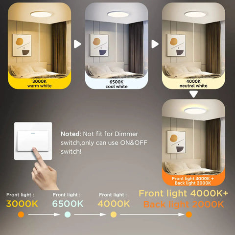 Remote Control Flush Mount LED Ceiling Light 18 Inch Round Fixture showing dimmable color changing options and control switch.