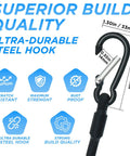 Diagram of 4 Pack 24 Inch Bungee Cords With Carabiner Hooks, beefy heavy duty latex elastic straps, showing steel hook and dimensions