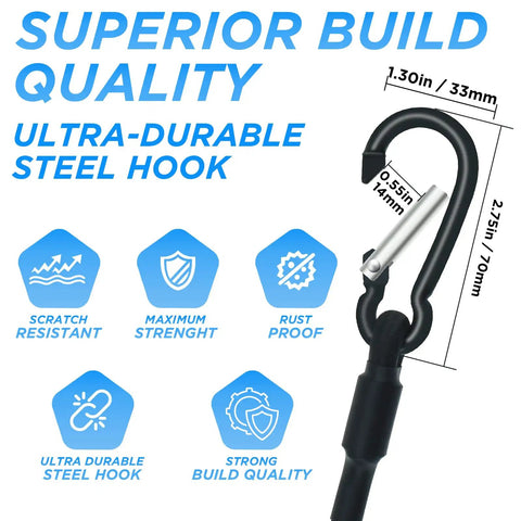 Diagram of 4 Pack 24 Inch Bungee Cords With Carabiner Hooks, beefy heavy duty latex elastic straps, showing steel hook and dimensions