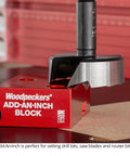 Rugged One Inch Offset Table Saw Fence Stop Featuring Slick Clamp On Design For Rapid Rip Fence Setup And Dead On Repeatable Crosscuts Every Damn Time In Your Workshop resting on a red ADD-AN-INCH block.