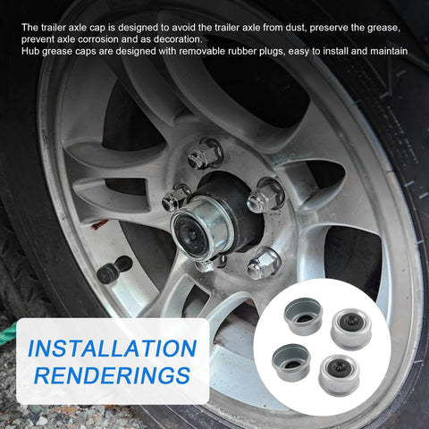 Four Pack 2.46 Inch Trailer Hub Bearing Dust Caps With Extra Rubber Plugs installed on wheel for 5200-6000 lb axles
