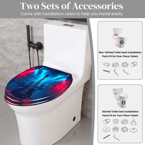 Elongated Toilet Seat Resin for Man Cave featuring a guitar design, fits standard toilets with adjustable hinges.
