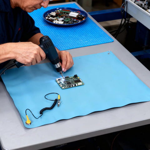 Front view of blue rubber ESD mat (26.4x20.1 in) on a workbench with grounding wire and PCB being soldered.