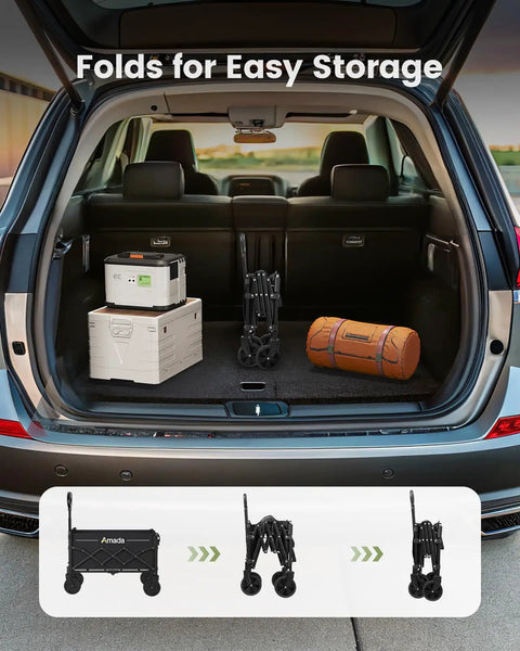 Heavy Duty Foldable Wagon Cart With 360 Lb Load Capacity, 90L Expandable Storage, shown folded in car trunk for easy storage.