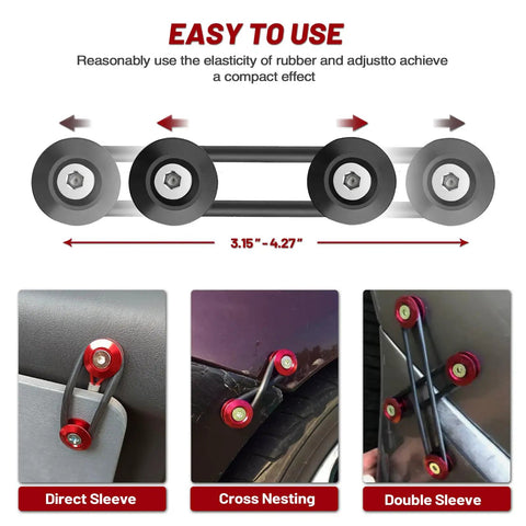 Bumper Quick Release 4 Sets Of Clips And Fasteners For Front And Rear Bumper Fender Repair, CNC Aluminum Anodized Black options shown. Easy to use, direct sleeve, cross nesting, double sleeve installations highlighted.