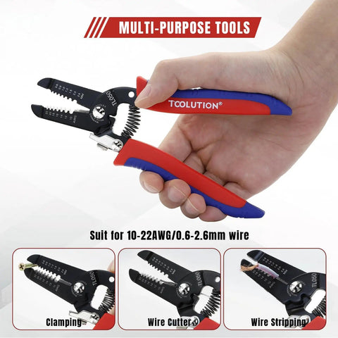 Hand holding a compact wire stripper and cutter kit for 10-22 AWG wires with spring-loaded pliers and safety lock.