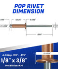 Rock Solid Copper Pop Rivets 1/8 X 3/8 100 Pack Dome Head Blind Rivets Steel Mandrel dimensions shown with measurements.