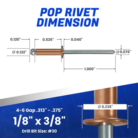 Rock Solid Copper Pop Rivets 1/8 X 3/8 100 Pack Dome Head Blind Rivets Steel Mandrel dimensions shown with measurements.