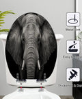 Elongated Monochrome portrait elephant Toilet Seat on a white toilet, showcasing a detailed elephant design with metal link hinges.