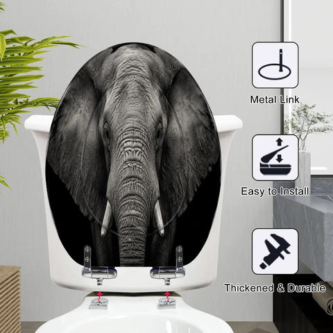 Elongated Monochrome portrait elephant Toilet Seat on a white toilet, showcasing a detailed elephant design with metal link hinges.