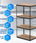 Commercial Grade Four Tier Boltless Shelving Rack Built Like A Tank With Solid 14 Gauge Steel And Massive 1460 Pound Capacity Per Level, showcasing storage features.
