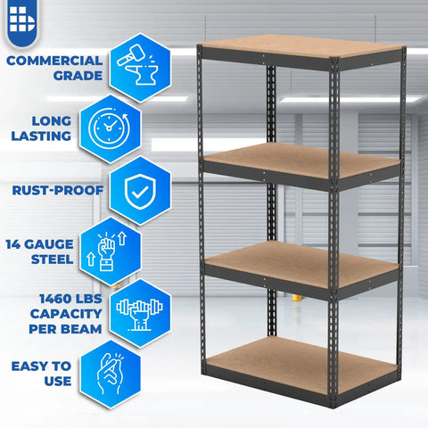 Commercial Grade Four Tier Boltless Shelving Rack Built Like A Tank With Solid 14 Gauge Steel And Massive 1460 Pound Capacity Per Level, showcasing storage features.