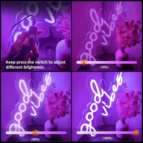 Collage of Good Vibes Neon Sign USB Powered With Switch Pink Purple LED Wall Decor during various brightness settings, 16.1x8.2 in.