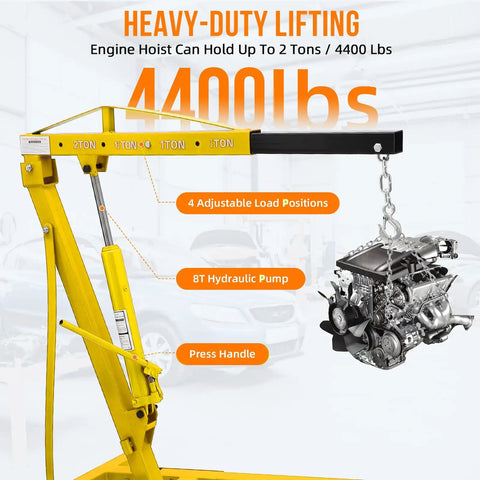 Beefy 2 Ton Folding Engine Hoist With Telescopic Boom And 6 Casters Heavy Duty Hydraulic Engine Shop Crane Lift 4400 Lb Capacity For Car And Truck Engines Red