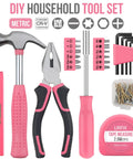 Mini Compact Pink 24 Piece Household Tool Kit With Soft Grip Handles And Slick Carry Case includes hammer, pliers, and level.
