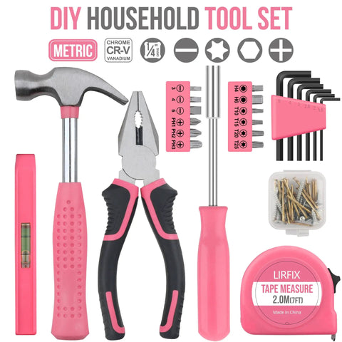 Mini Compact Pink 24 Piece Household Tool Kit With Soft Grip Handles And Slick Carry Case includes hammer, pliers, and level.