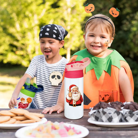 Children with 16 oz kids sublimation tumblers sippy cups decorated for Halloween, highlighting 5 Pack 16 Oz Kids Sublimation Tumblers Sippy Cups With Leak Proof Stainless Steel Blank Water Bottles For DIY Heat Press Printing Craft Gifts Great For Kids Art Projects.