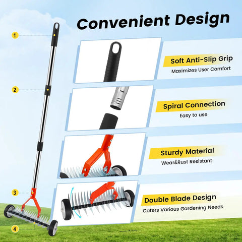 Wheeled Thatch Rake For Moss And Leaves, Adjustable Dethatching Roller With 0 To 12 Degree Angle, 37 To 65 Inch Handle