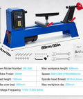 Benchtop wood lathe, blue frame, 400W motor with four-speed control (front view)
