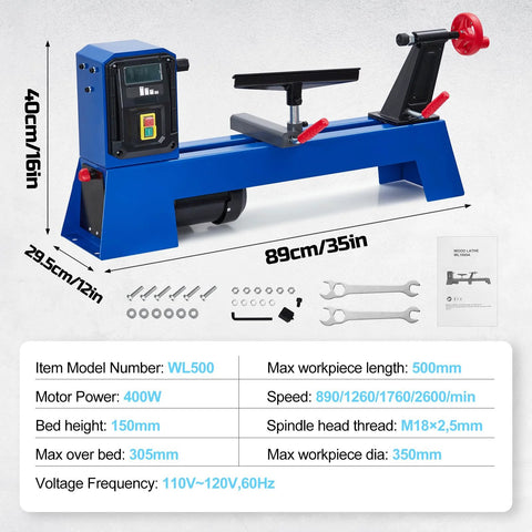 Benchtop wood lathe, blue frame, 400W motor with four-speed control (front view)