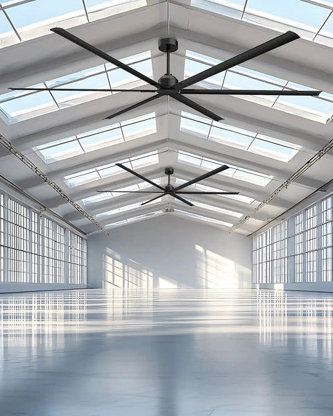 Monster Size 120 Inch HVLS Industrial Ceiling Fan With Aluminum Blades installed in a large warehouse space