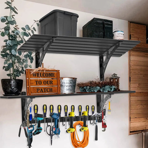Heavy Duty Wall Mount Garage Shelf Set 2 Pack, 16x38 Inches, Solid Metal Floating Shelves With Power Tool Storage in use