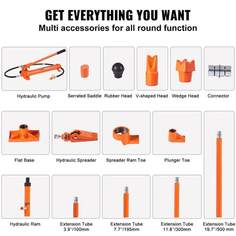 VEVOR 12-Ton porta power kit with orange hydraulic pump and 4.6 ft hose, 15 accessories for auto use