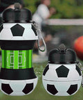 Grab and Go Foldable Silicone Water Bottle 550ml Collapsible Sport Hydration Bottle in soccer ball design, travel-friendly.