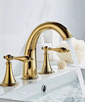 Polished Gold 3 Hole Bathroom Faucet Set With Overflow Pop Up Drain Easy Install Widespread Brass Two Handle Bath Tub Faucet For Restroom Sink No Drip Ceramic Valve